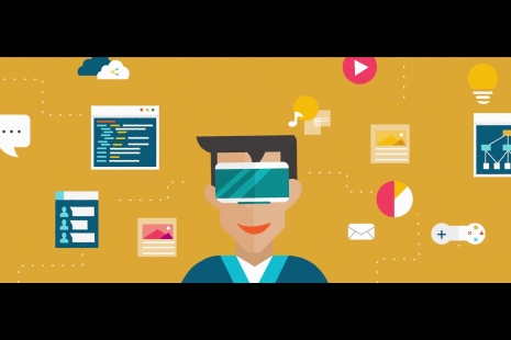 Person wearing Virtual Reality headset with icons floating around head