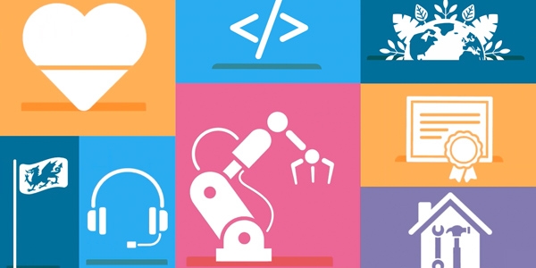 Eiconau amrywiol; calon, codio, amgylchedd, deallusrwydd artiffisial, baner Cymru, clustffonau, robot, offer adeiladu, tystysgrif a gliniadur